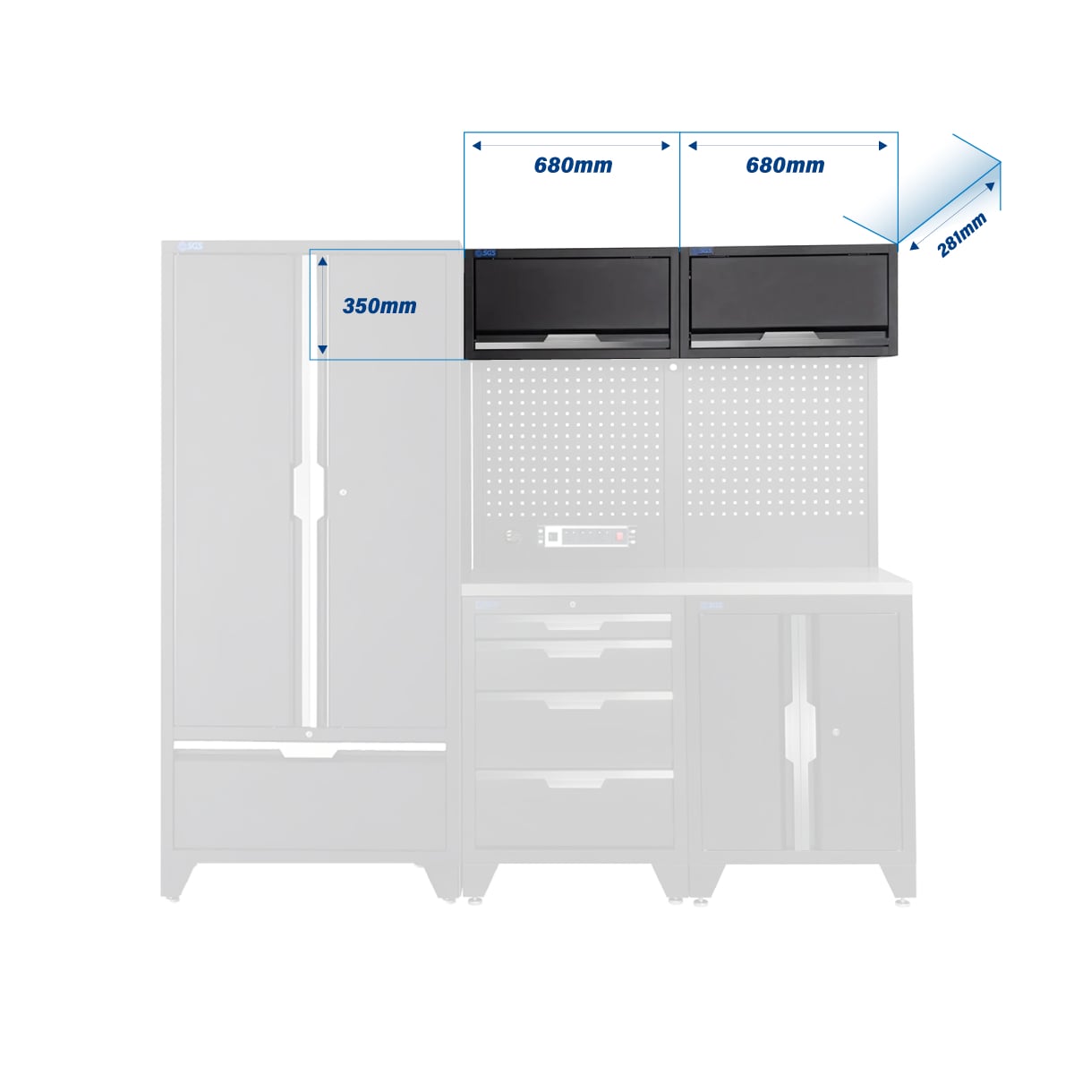 SGS 7pc Garage Storage System | 4 Drawers | Stainless Steel Worktop | Floor Cabinet | 2x Upper Cabinets | Tall Double Cabinet with Drawer | Pegboard with Power Strip